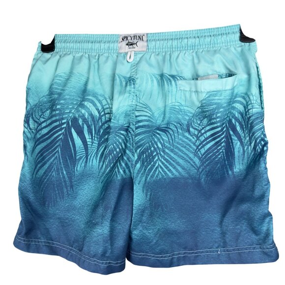 SPICY TUNA Aqua Swim Trunks Size Small Light Blue Palm Leaf Print Mesh Lined - Picture 2 of 10